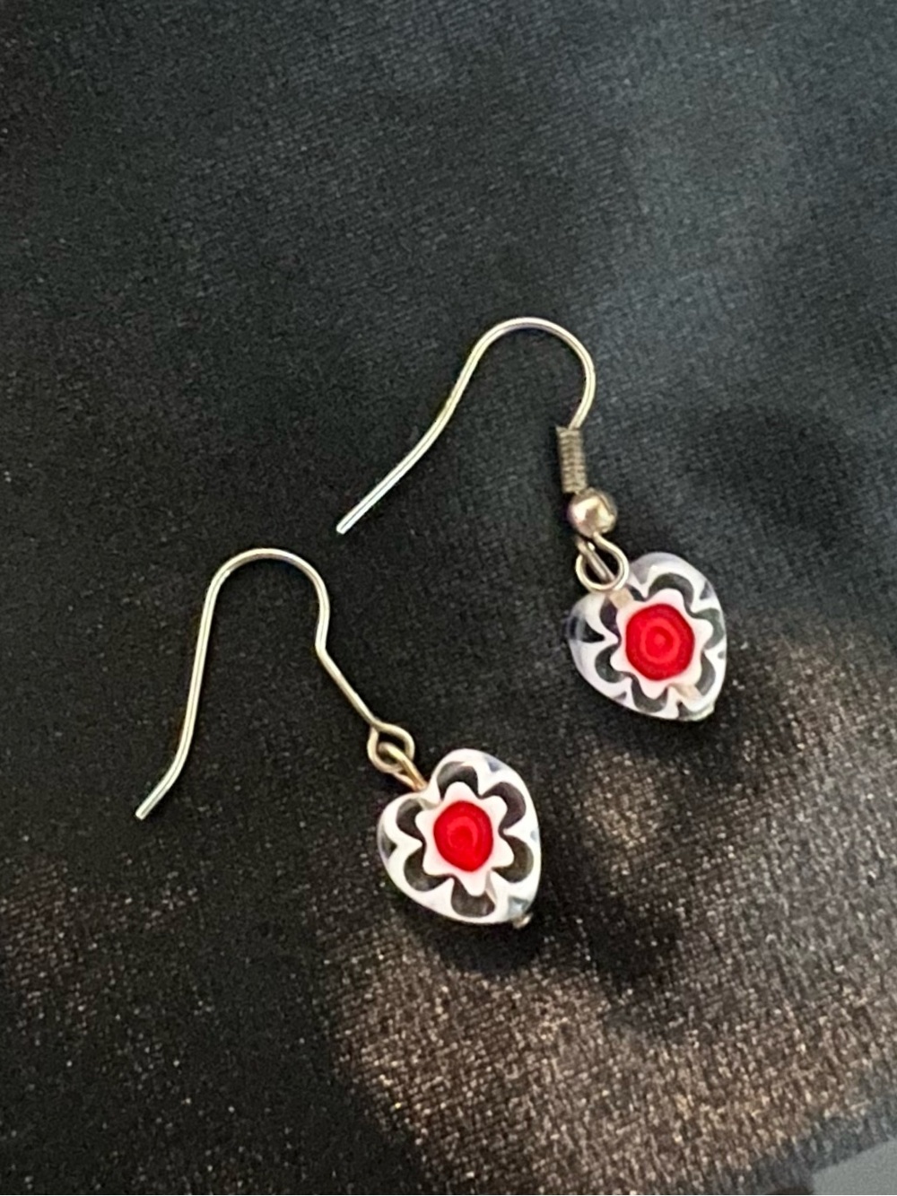 Red Heart Drop Earrings with Floral Accent